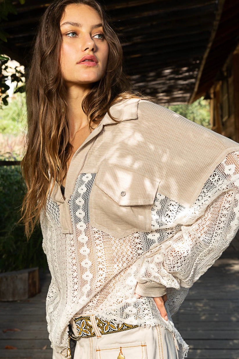 Lucky Charm Split Neck Rib Knit with Lace Top