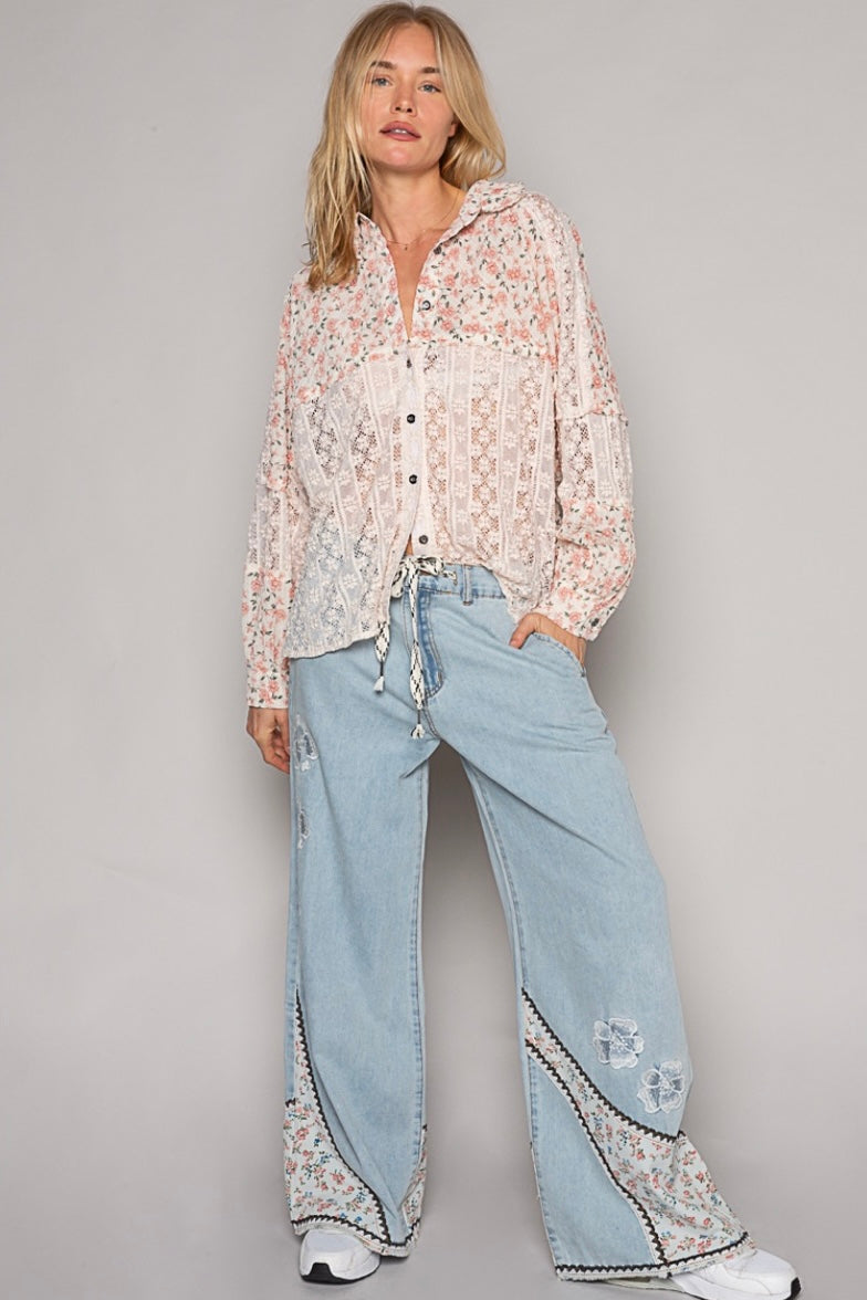Dancin’ To My Own Beat Floral Patched + Embroidered Drawstring Jeans