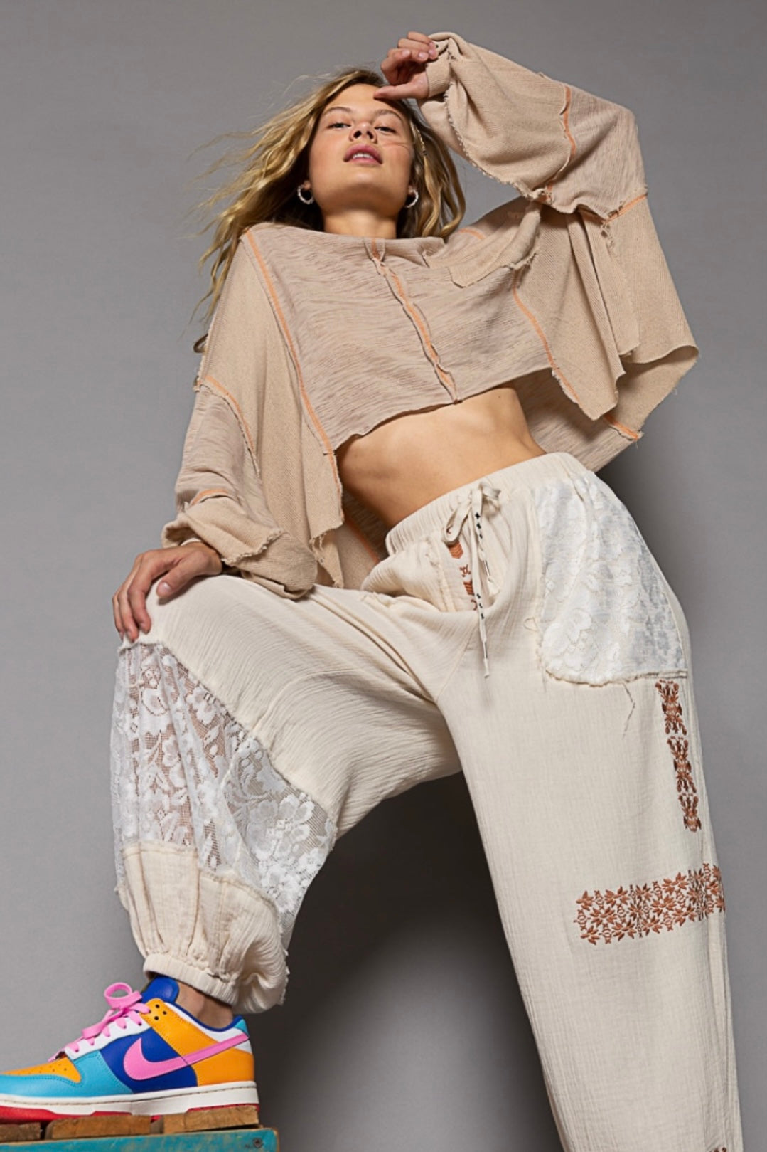 I’m So Fly Gauze + Lace Embroidered Slouchy Jogger Pants