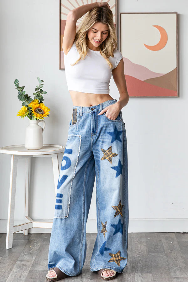 Still Obsessed Washed Stars + Love Patched Jeans (PREORDER)