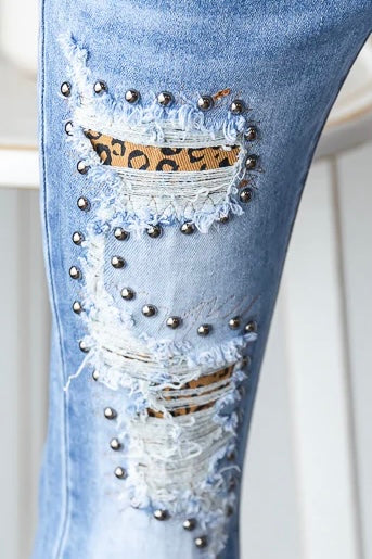 Wildest Dreams Studded Distressed Flare with Leopard (PREORDER)