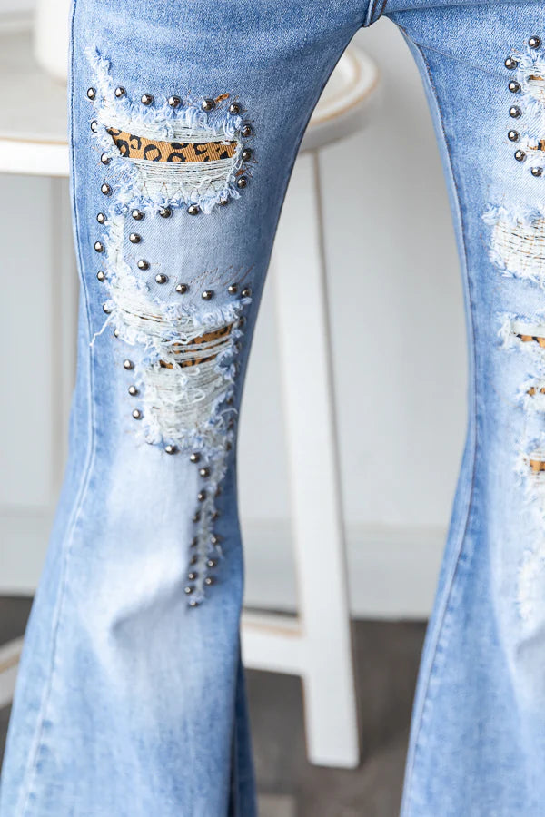 Wildest Dreams Studded Distressed Flare with Leopard (PREORDER)