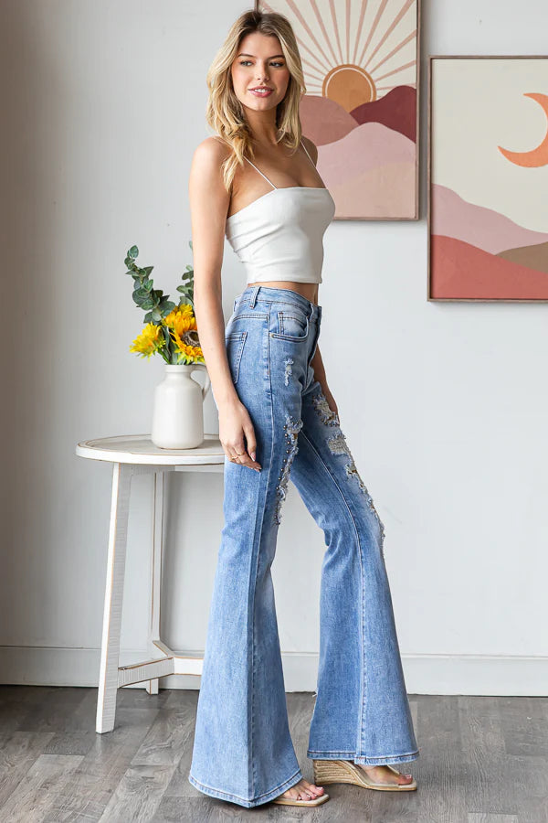 Wildest Dreams Studded Distressed Flare with Leopard (PREORDER)
