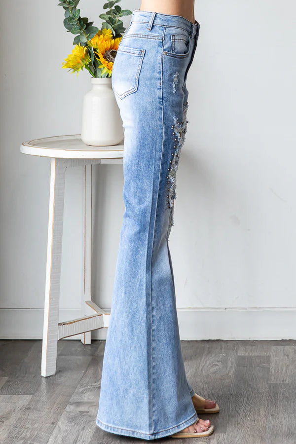 Wildest Dreams Studded Distressed Flare with Leopard (PREORDER)