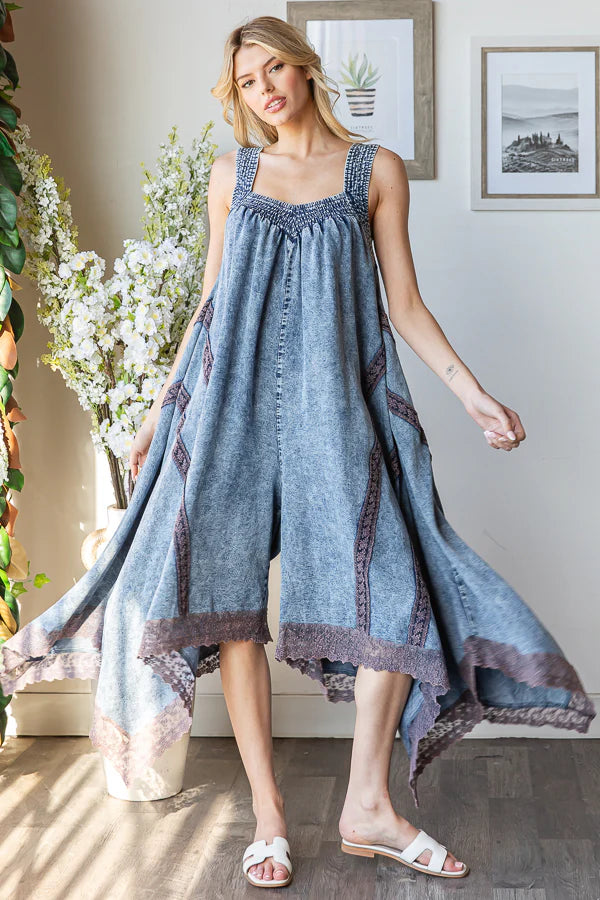 Playtime Washed Tencel Denim Romper with Lace