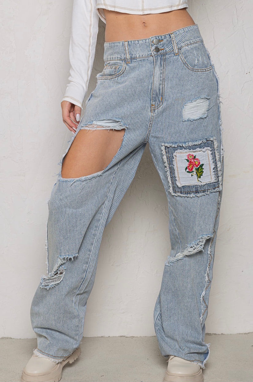 Spring Fling Flower Patch Distressed Pinstriped Jeans