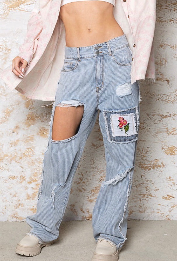 Spring Fling Flower Patch Distressed Pinstriped Jeans