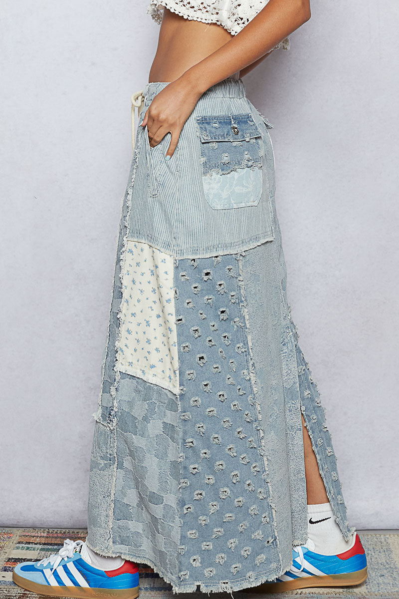 Maxed Out Corded Waist Patchwork Denim Skirt