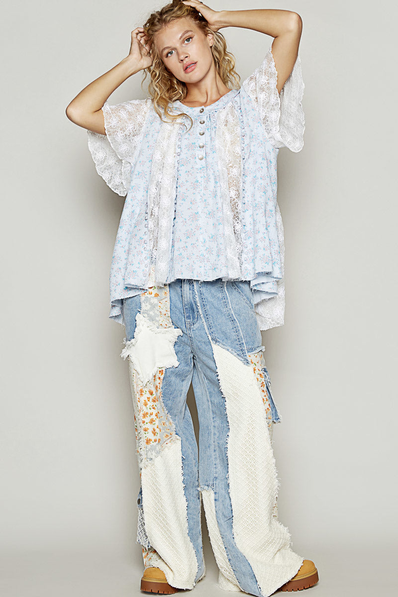 Garden Party Floral Lace Ruffle Sleeve Top with Pearls (2 Colors)