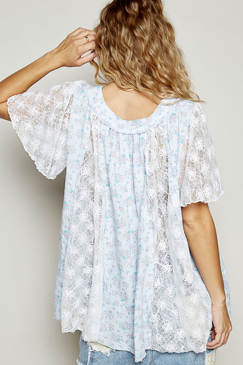 Garden Party Floral Lace Ruffle Sleeve Top with Pearls (2 Colors)
