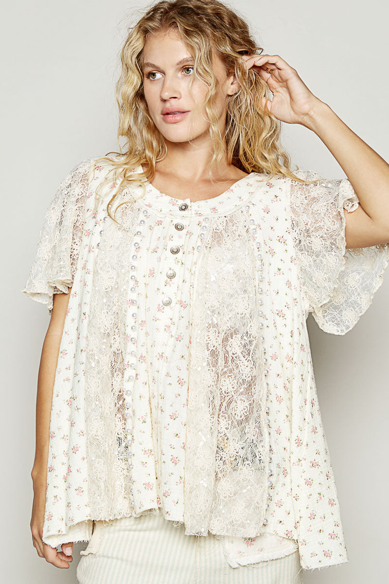 Garden Party Floral Lace Ruffle Sleeve Top with Pearls (2 Colors)