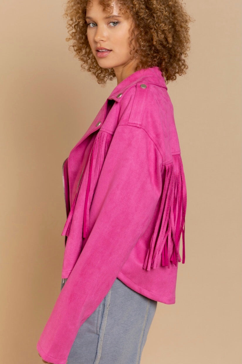 I’m A Babe Vegan Suede Moto Jacket with Fringe