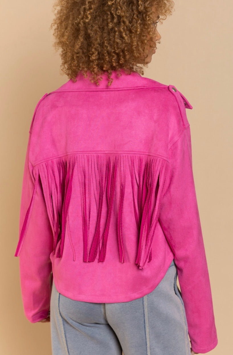 I’m A Babe Vegan Suede Moto Jacket with Fringe