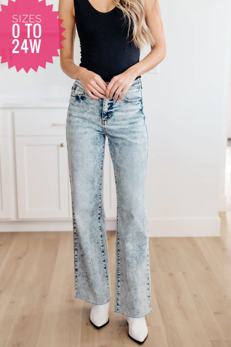 Dory High Waist Mineral Wash Raw Hem Wide Leg Jeans