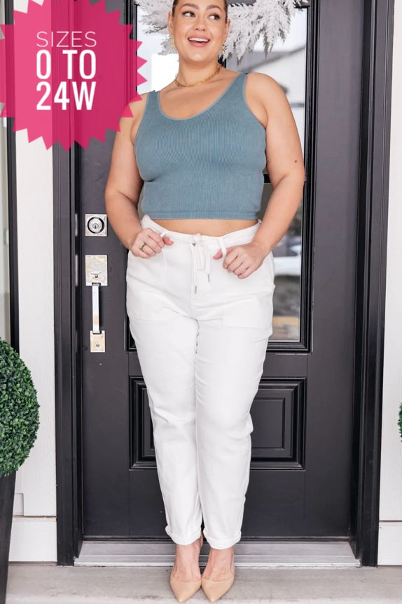 Charlene Ecru High Rise Drawstring Waist Jogger Jeans