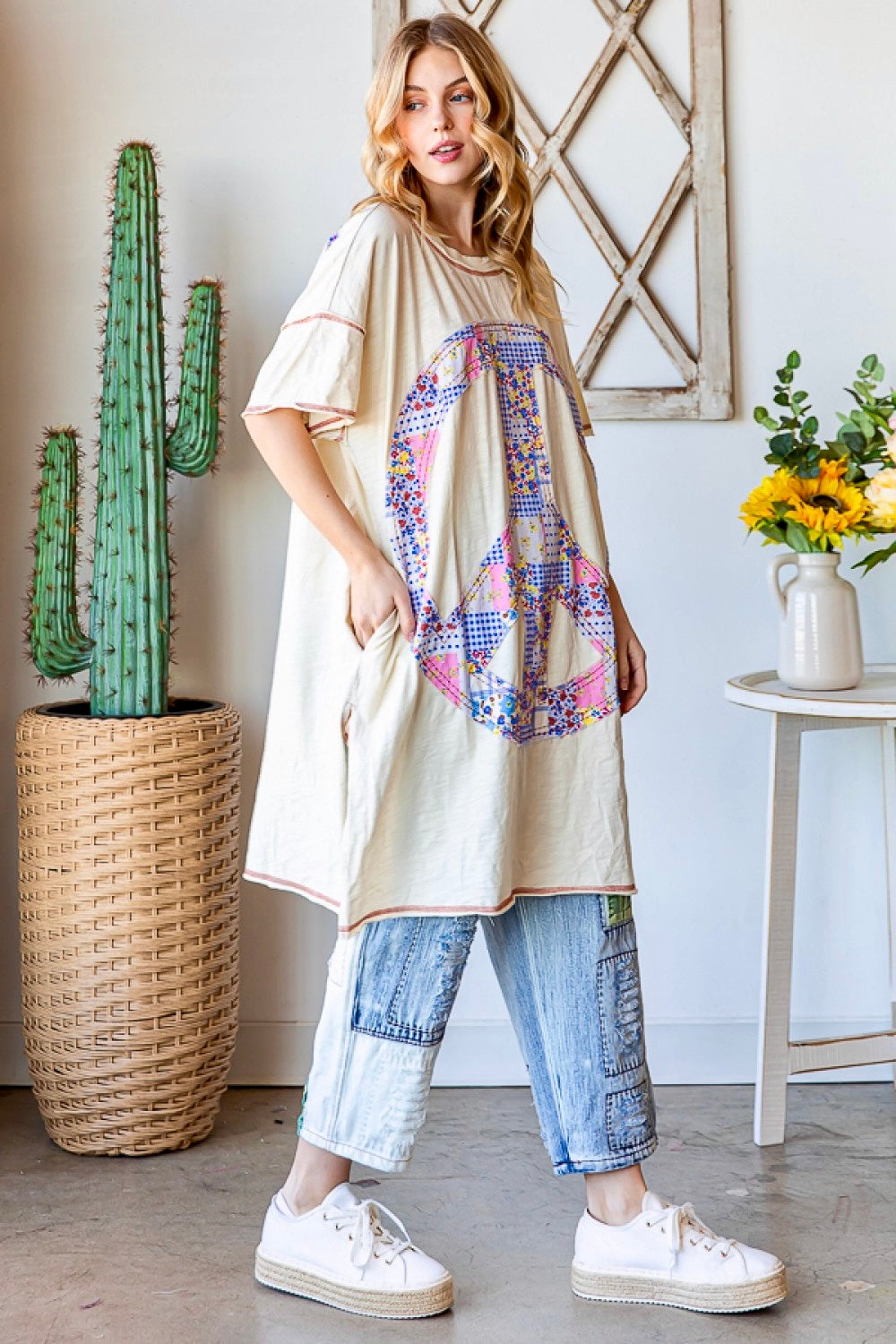 Om Shanti Mineral Washed Peace Sign T-Shirt Dress