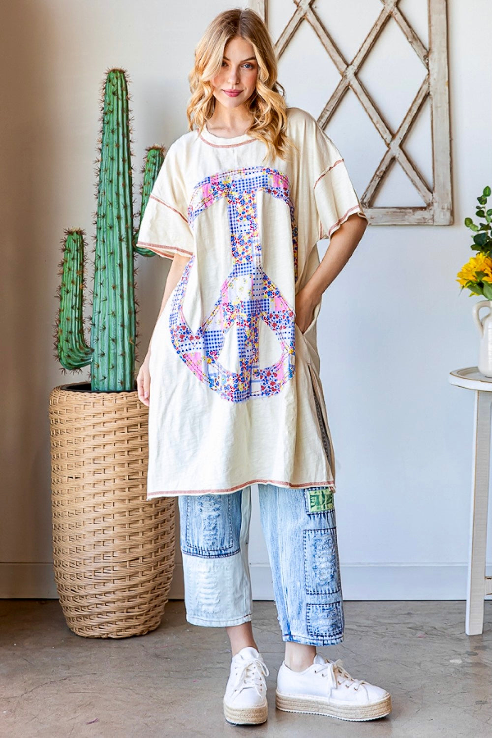 Om Shanti Mineral Washed Peace Sign T-Shirt Dress