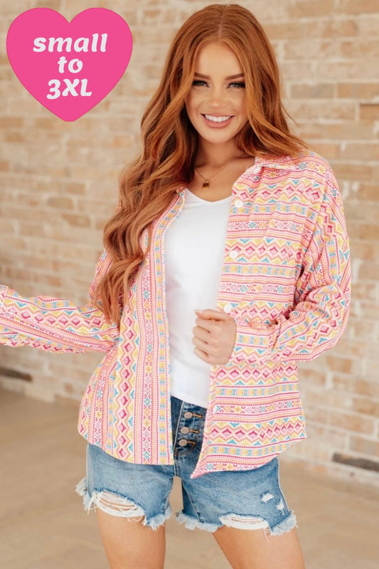 Imagine Colorful Geo Print Stretchy Corduroy Button Down Shirt