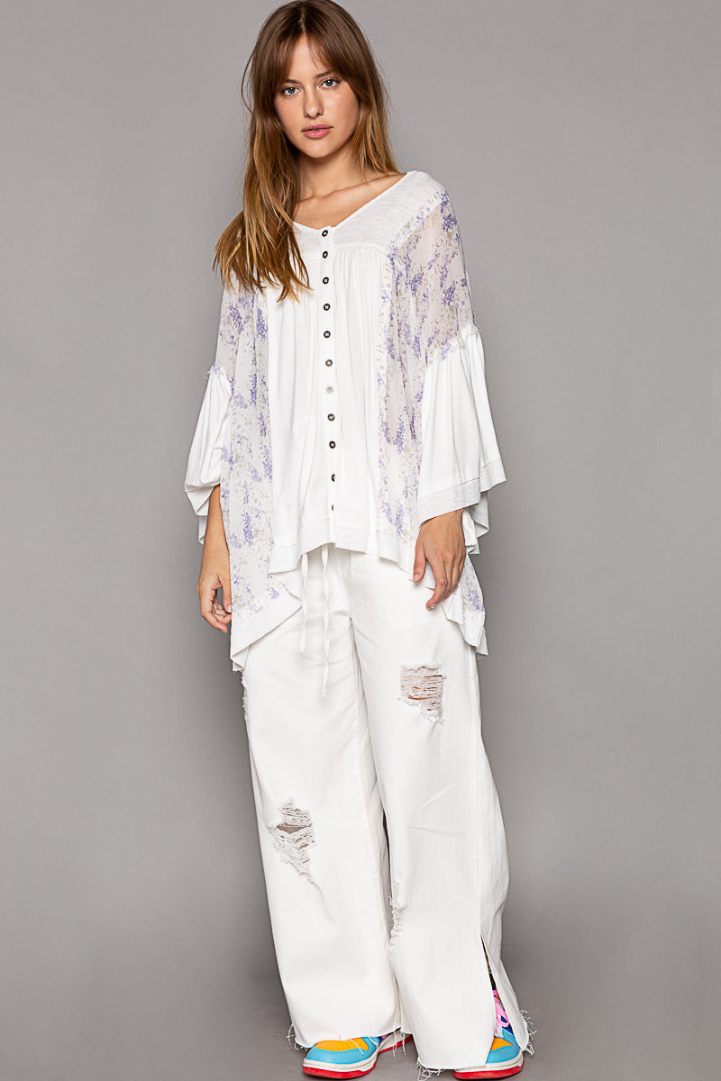 Enchanted Lilacs Button Down Jersey Knit Hoodie Top