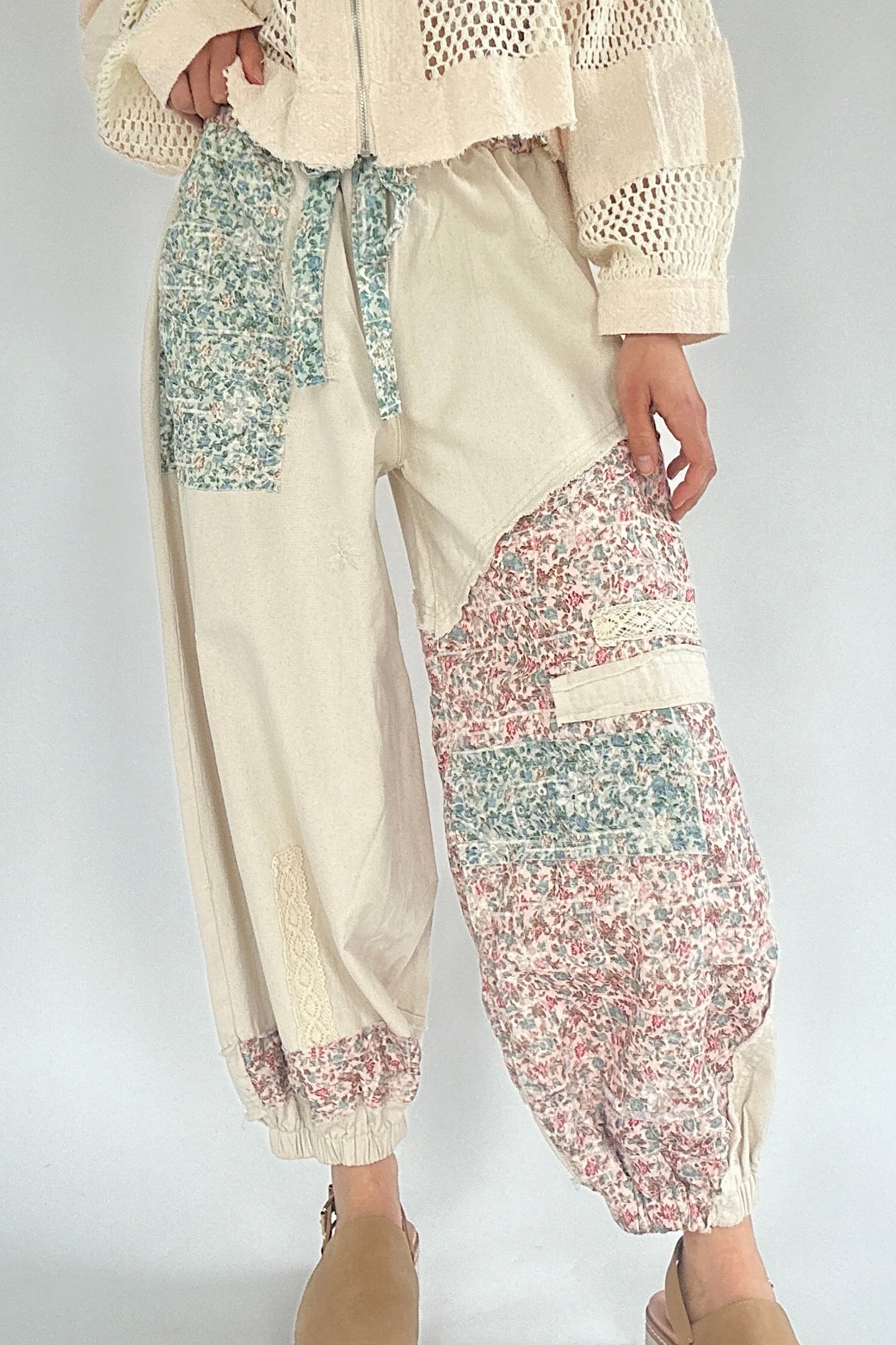 End Game Floral Embroidered Eyelet Patched Denim Joggers