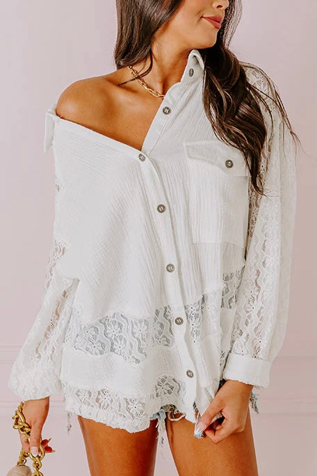Beach Haven Cotton + Floral Lace Lightweight Button Down Shirt