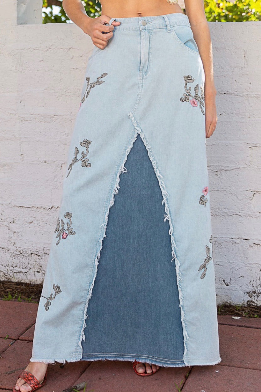Catch The Sun Embroidered Mixed Denim Maxi Skirt