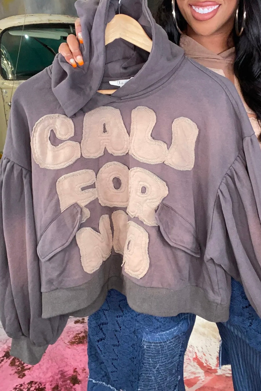 Going Back To Cali Washed Oversized Letter Patch Hoodie