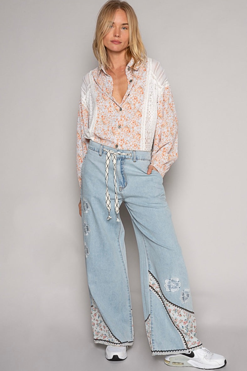 Dancin’ To My Own Beat Floral Patched + Embroidered Drawstring Jeans