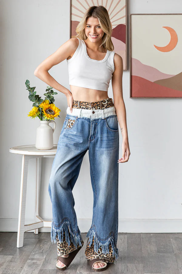 Now You See Me Double Waist Distressed Hem Jeans with Leopard (PREORDER)