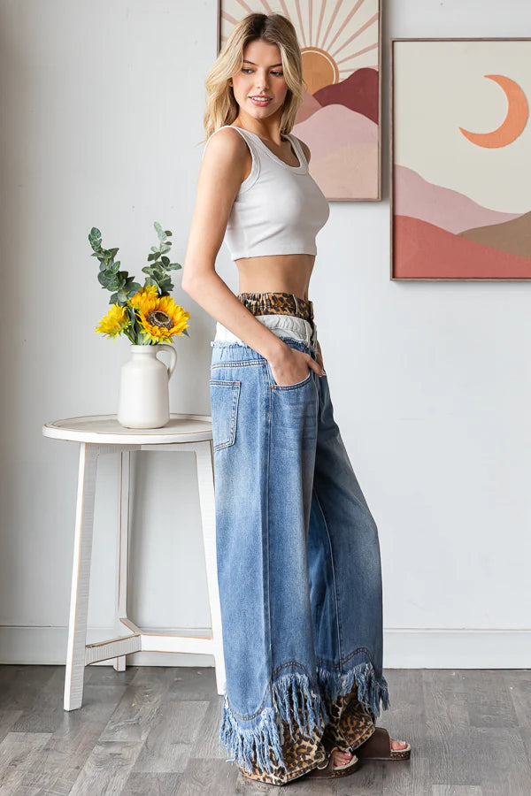Now You See Me Double Waist Distressed Hem Jeans with Leopard (PREORDER)