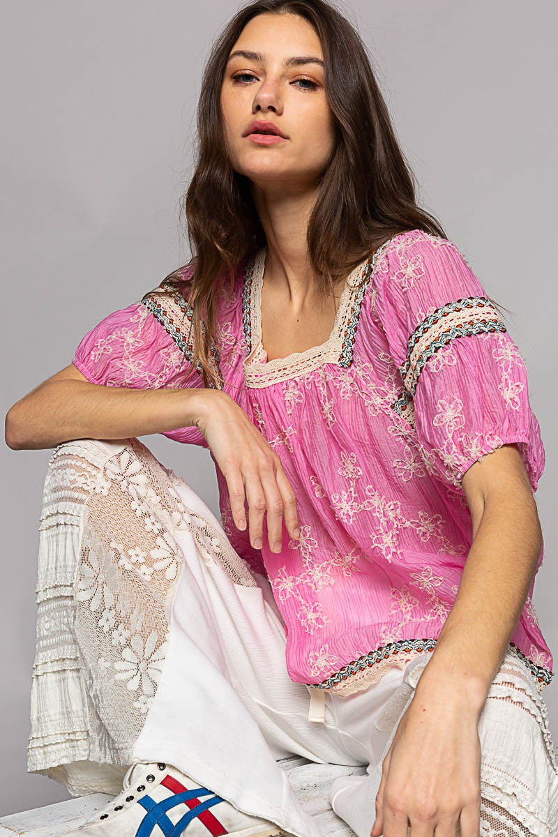 Sugar Rush Floral Embroidered Square Neck Chiffon Top