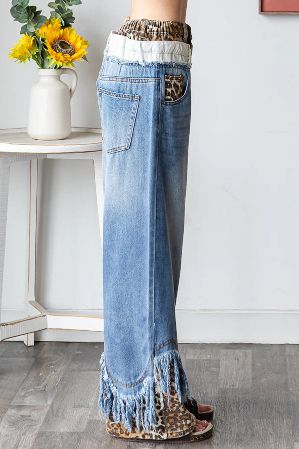 Now You See Me Double Waist Distressed Hem Jeans with Leopard (PREORDER)