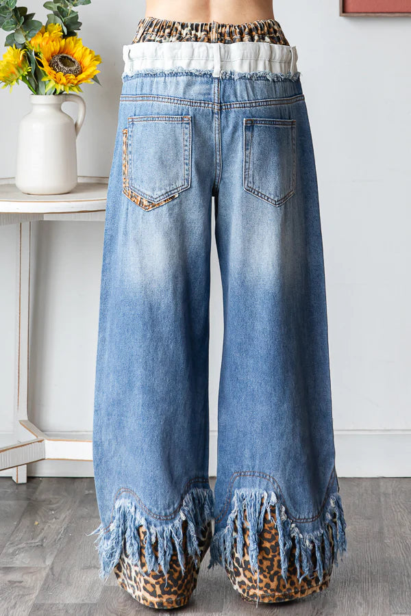 Now You See Me Double Waist Distressed Hem Jeans with Leopard (PREORDER)