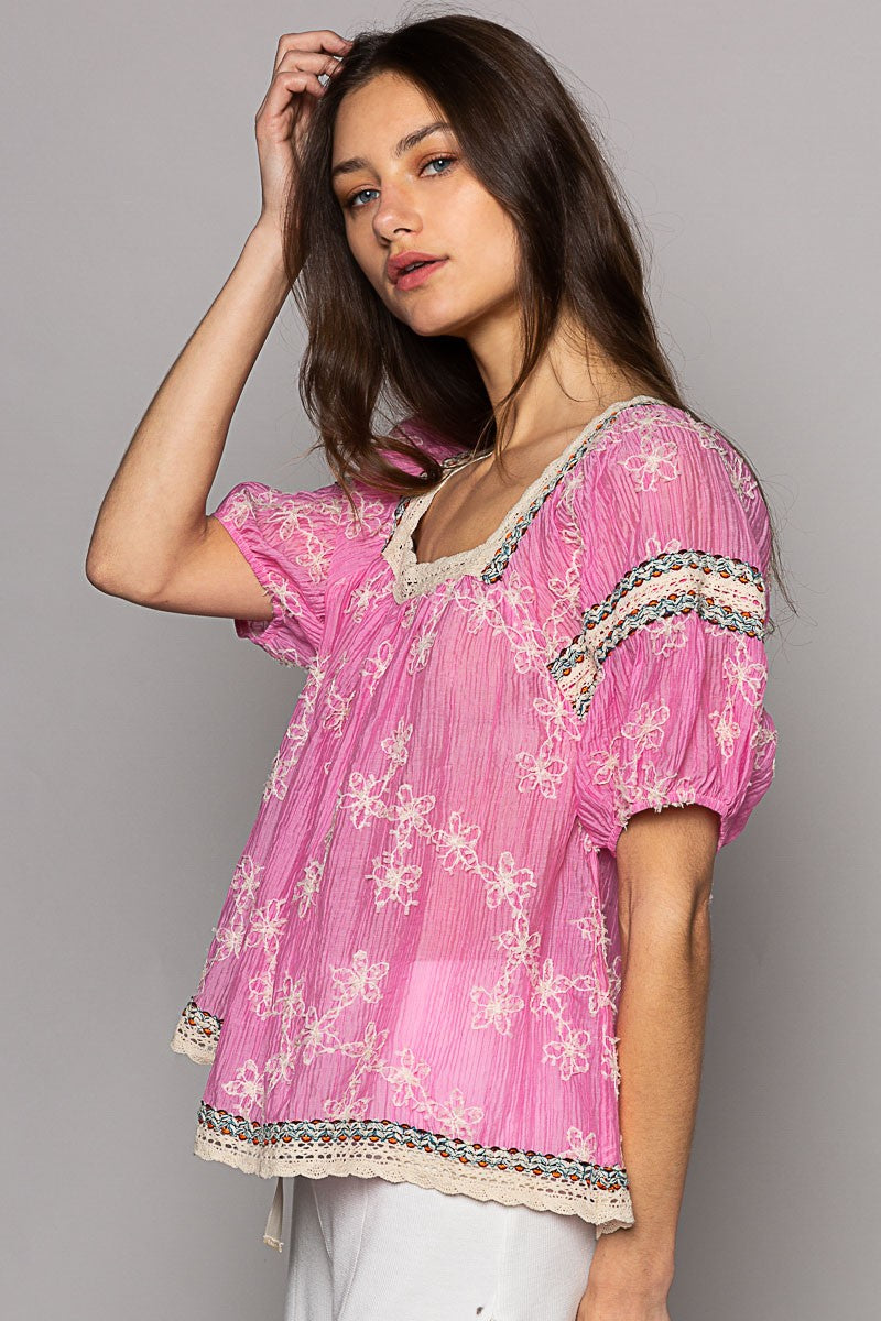 Sugar Rush Floral Embroidered Square Neck Chiffon Top