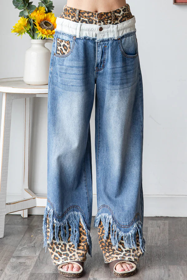 Now You See Me Double Waist Distressed Hem Jeans with Leopard (PREORDER)