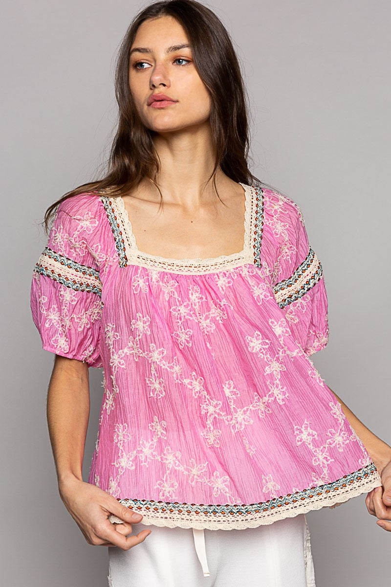 Sugar Rush Floral Embroidered Square Neck Chiffon Top