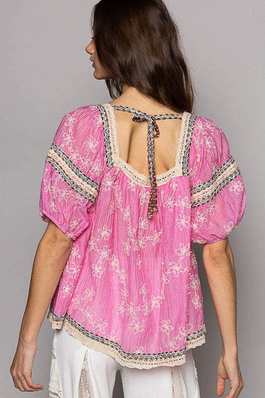 Sugar Rush Floral Embroidered Square Neck Chiffon Top