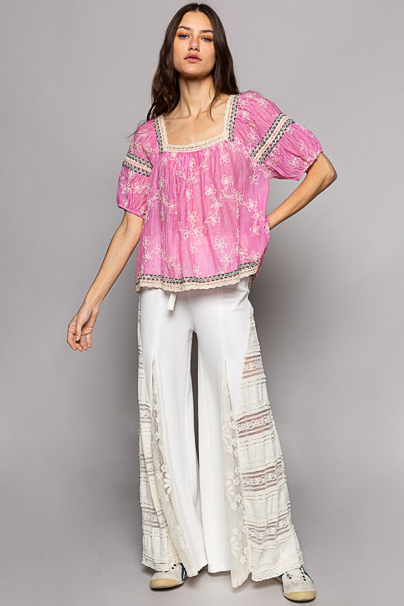 Sugar Rush Floral Embroidered Square Neck Chiffon Top