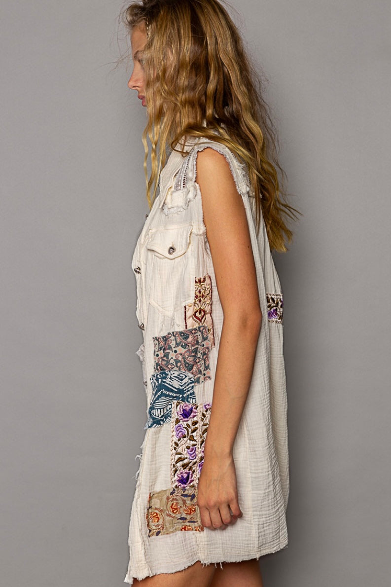 Hit The Streets Double Gauze Patchwork Button Down Vest Dress