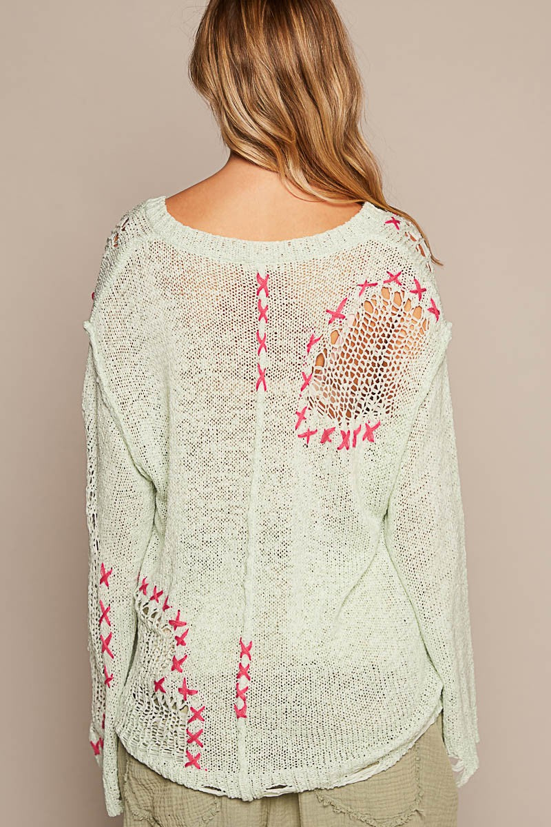 Lucky Charms Hot Pink Stitched V Neck Slouchy Loose Knit Sweater
