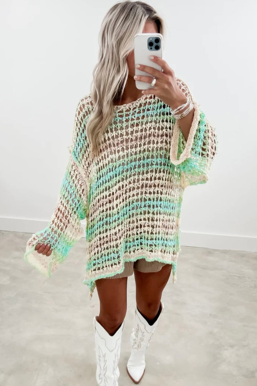 Tropical Twist Stripped Open Knit Slouchy Fishermans Sweater
