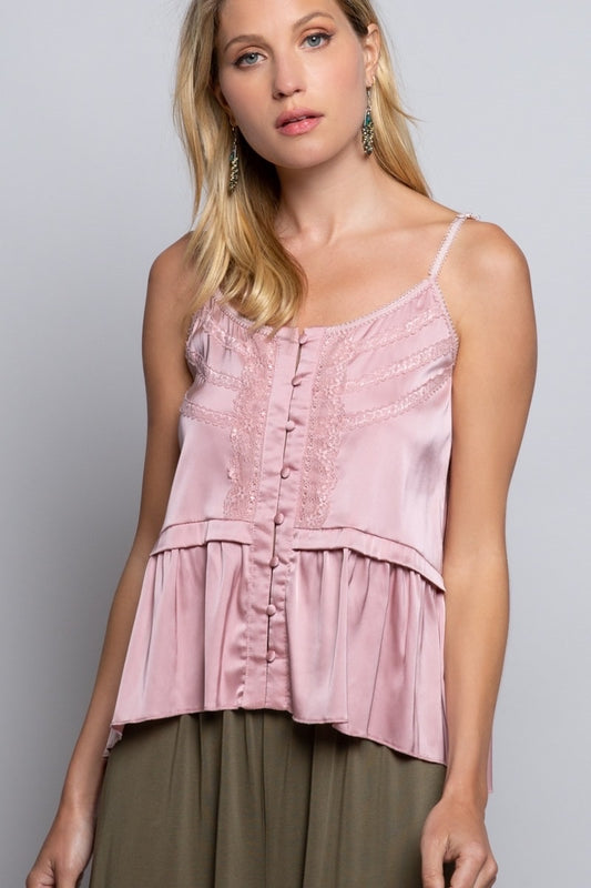 Paloma Lace Detail Button Front Satin Cami Top