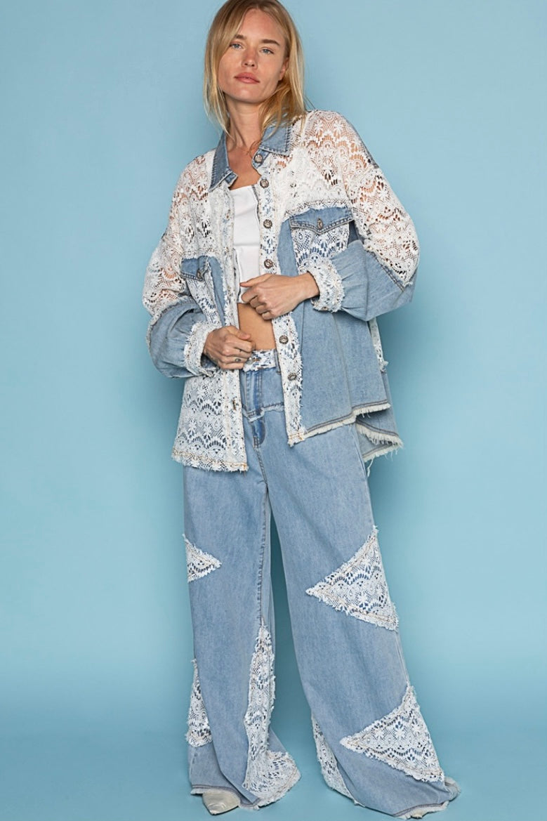 In My Element Crochet Patch Straight Wide Leg Jeans