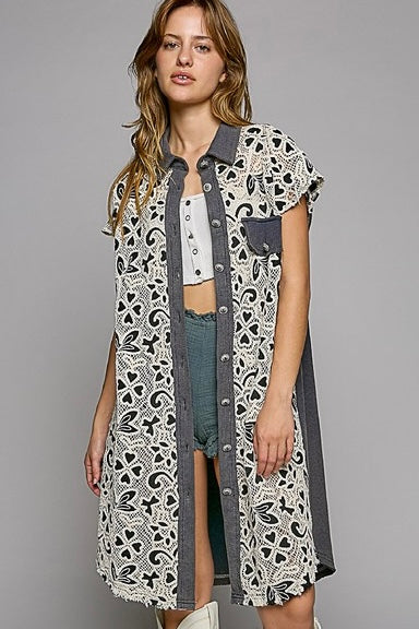 Swept Away Crochet Overlay Button Front Short Sleeve Shirt Dress