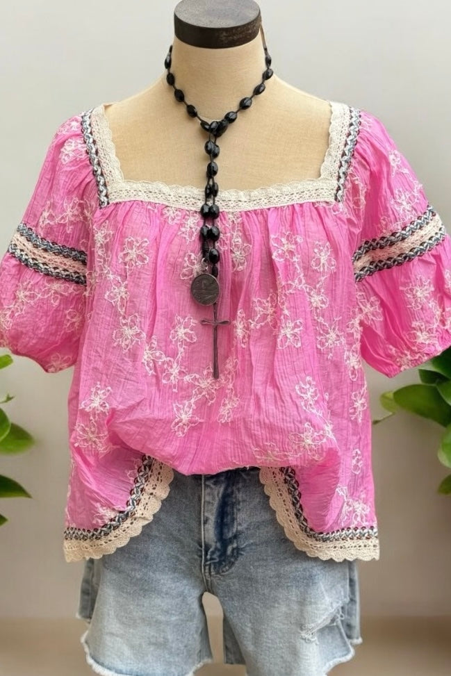 Sugar Rush Floral Embroidered Square Neck Chiffon Top