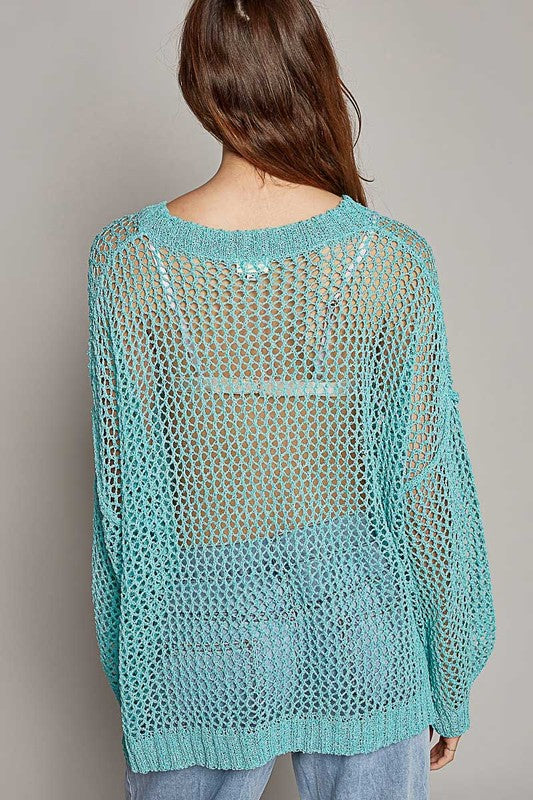 Written In The Stars Open Weave Star Patch Thin Slouchy Sweater