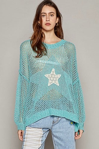 Written In The Stars Open Weave Star Patch Thin Slouchy Sweater