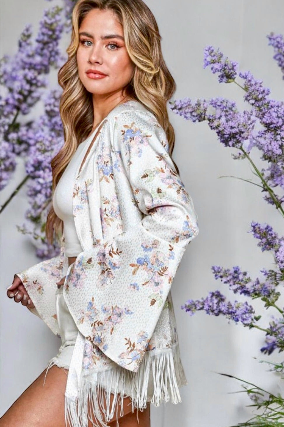 Romance Me Satin Floral Print Kimono with Fringe