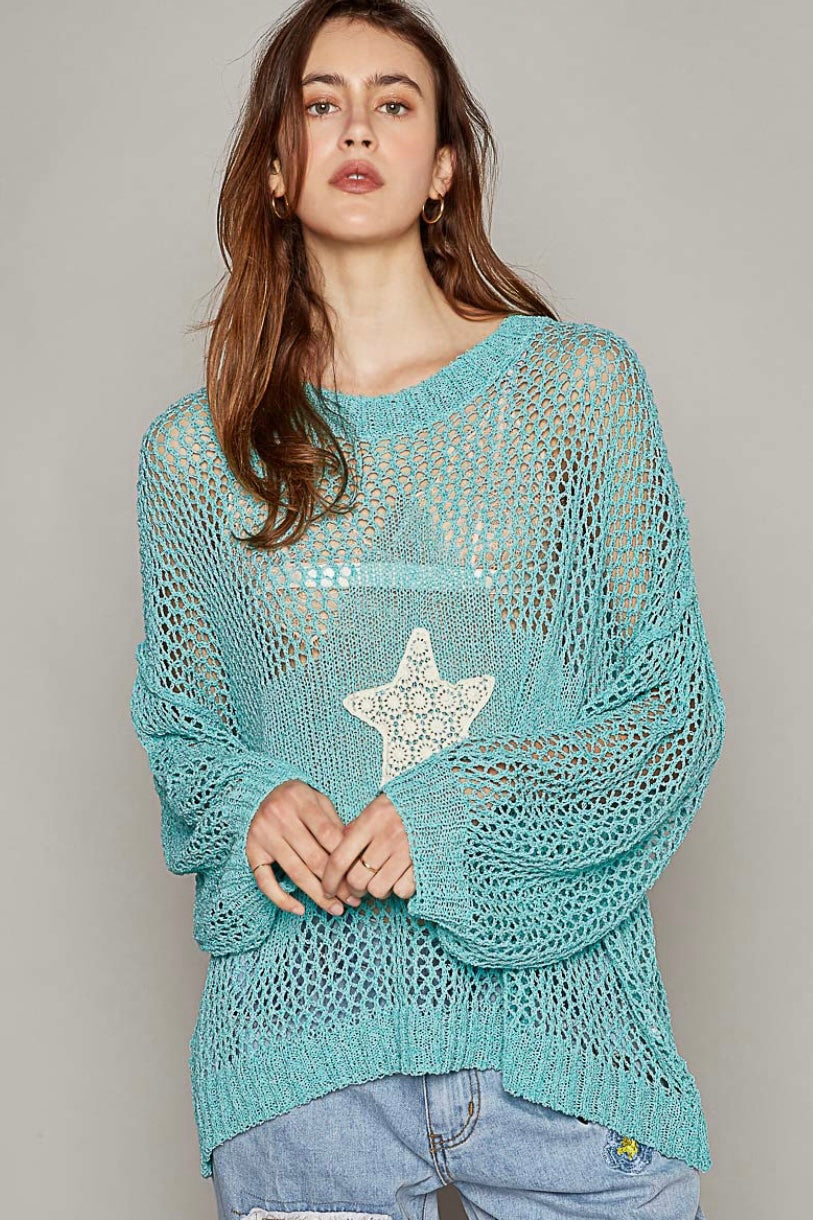 Written In The Stars Open Weave Star Patch Thin Slouchy Sweater