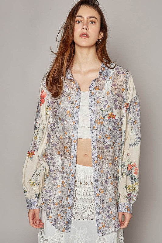 Mila Provence Lavender Cream Retro Floral Print Button Down Shirt